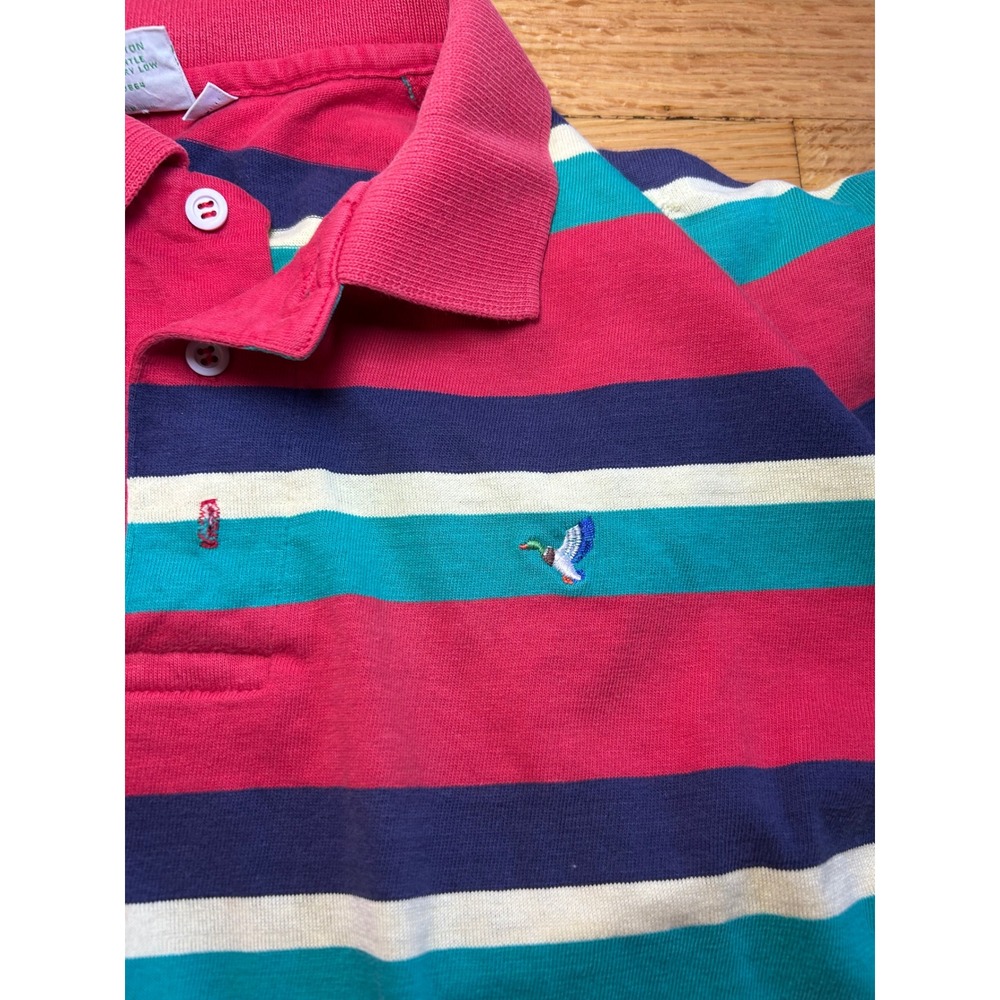 Vintage Flying Scotsman Striped Polo Shirt Mens Large Red Teal Duck Logo USA - Picture 2 of 8